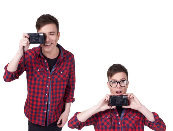 Portrait of a young attractive man with a camera — Stock Photo, Image