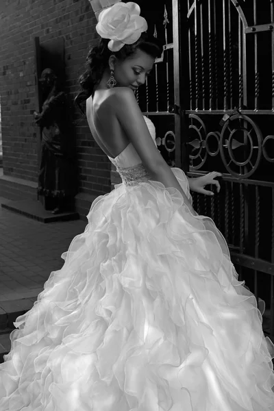 Beautiful brunette bride black and white photo — Stock Photo, Image