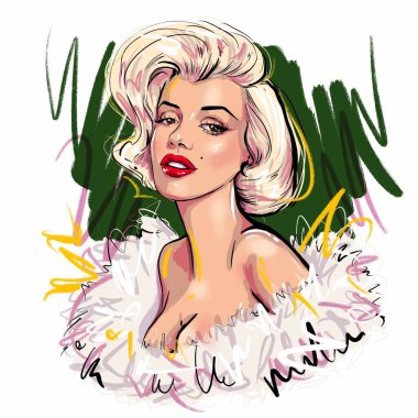Kaliningrad, Rusya 8 Ekim 2020, beyaz arka planda Marilyn Monroe 'nun portresi, çizim çizimi, süper star Amerikan aktrisinin portresi.