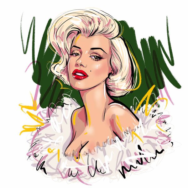 Калининград, Россия 8 октября 2020 года, портрет Мэрилин Монро на белом фоне, эскиз-иллюстрация, портрет суперзвезды американской актрисы.