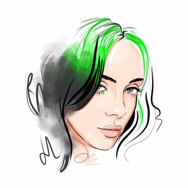 Kalininingrad, Rusya, 9 Nisan 2020. Billie Eilish 'in portresi Pop sanatının basit bir gösterimi