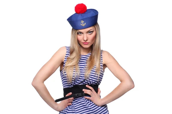 Beautiful young blond woman dressed as a sailor isolated on white background — Stock Photo, Image