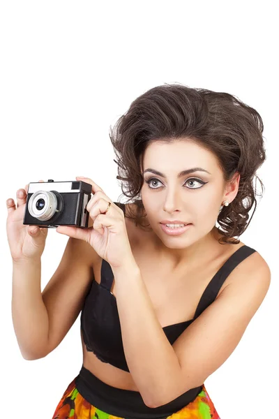 Sexig kvinna med kamera isolerad på vit bakgrund — Stockfoto
