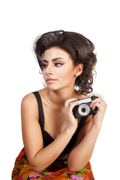 白い背景で隔離のカメラでセクシーな女性 — ストック写真