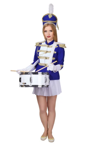 Beautiful blond woman  cheerleade drummer isolated on white background — Zdjęcie stockowe