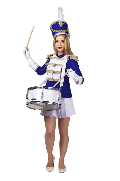 Beautiful blond woman  cheerleade drummer isolated on white background — Stock Photo, Image