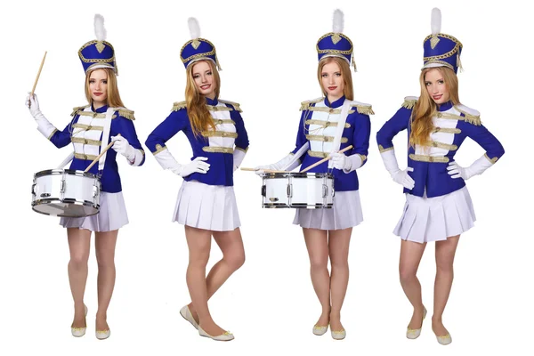 Beautiful blond woman  cheerleade drummer isolated on white background — Stock Photo, Image