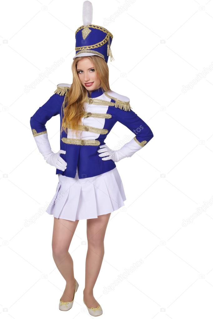 beautiful blond woman  cheerleade drummer isolated on white background
