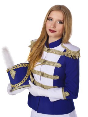 beautiful blond woman  cheerleade majorette drummer isolated on white background