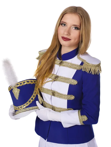 Beautiful blond woman  cheerleade majorette drummer isolated on white background — 图库照片