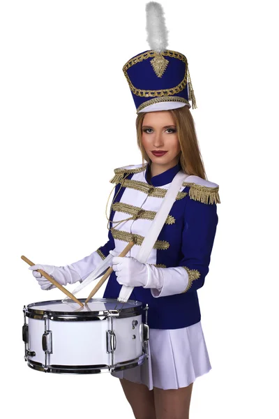 Beautiful blond woman  cheerleade majorette drummer isolated on white background — Zdjęcie stockowe