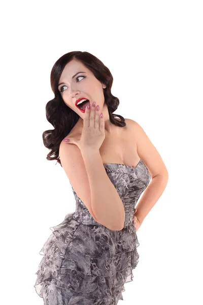 Brunette woman with red lips and vintage hairstyle isolated on white background — Stock Photo, Image