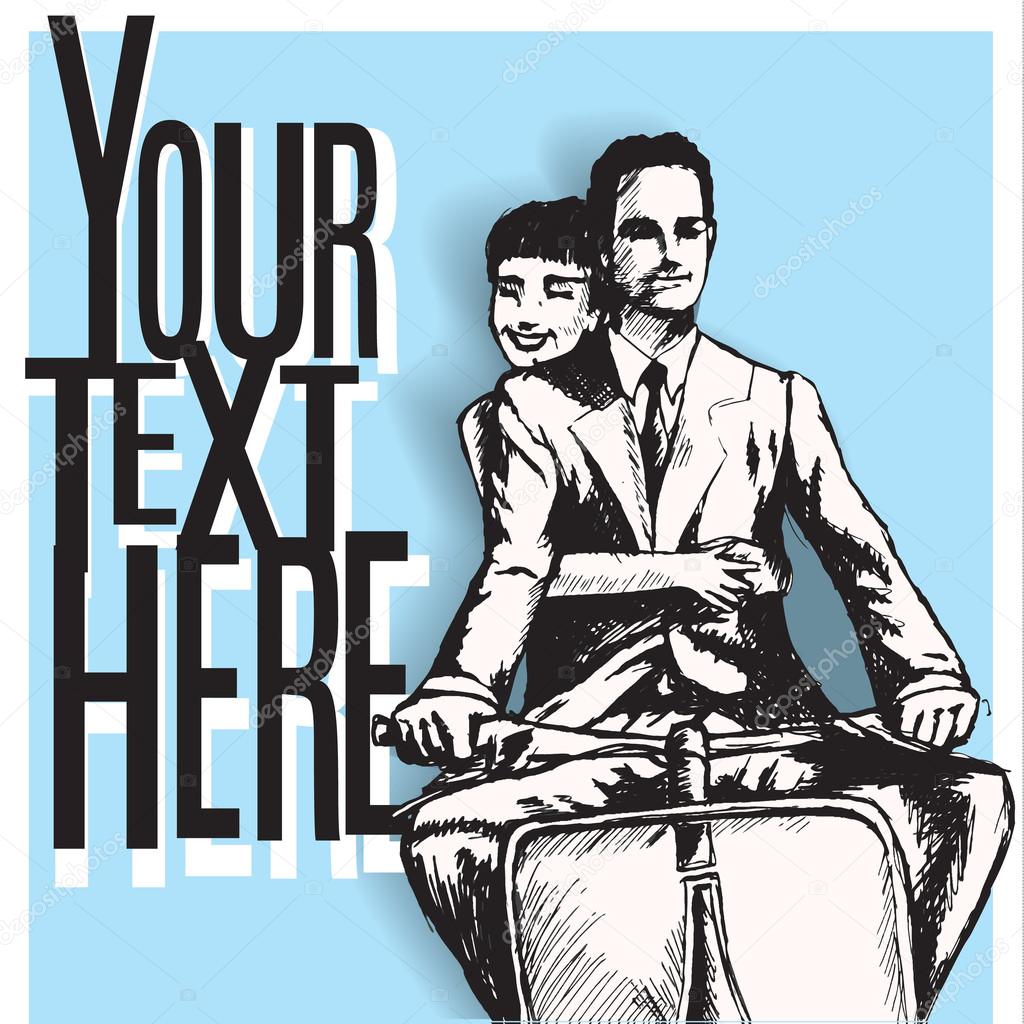 loving couple, man and woman riding scooter. vintage retro style. copy space. card template.