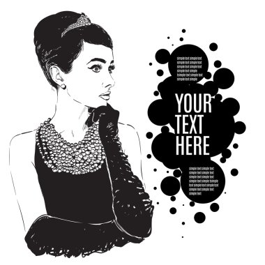 Güzel retro kadın. Uzay kopyalayın. Bir eldiven ile küçük siyah elbise.