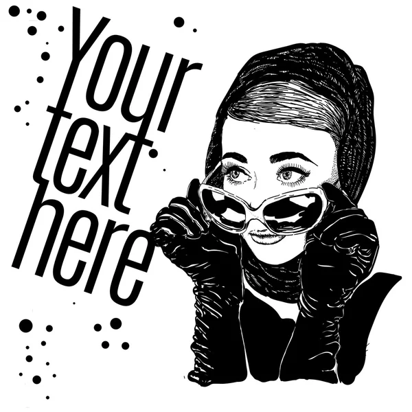 Güzel bir retro kadın, portre. Uzay kopyalayın. Küçük siyah elbise ile bir güneş gözlük ve eldiven.