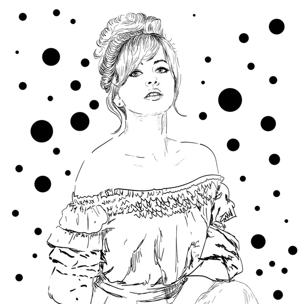 Illustration vectorielle d'une femme dans un style rétro portant une jupe et un chemisier. espace copu — Image vectorielle