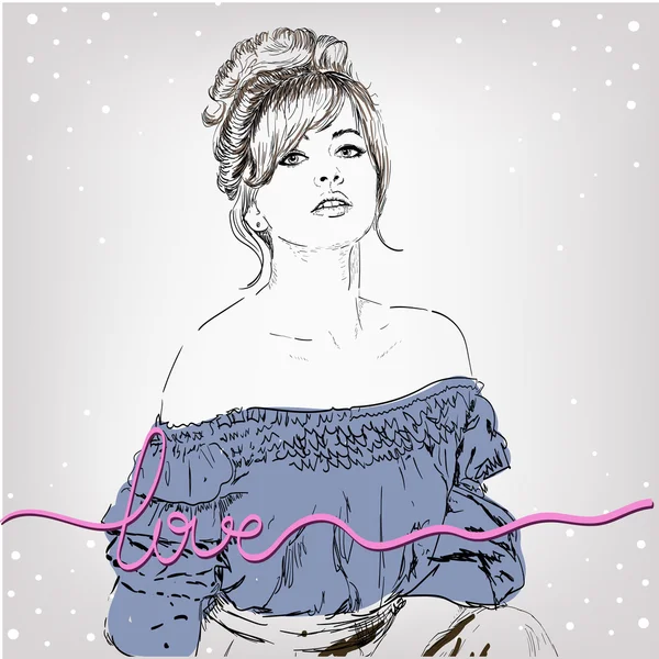 Illustration vectorielle d'une femme dans un style rétro portant une jupe et un chemisier. espace copu — Image vectorielle