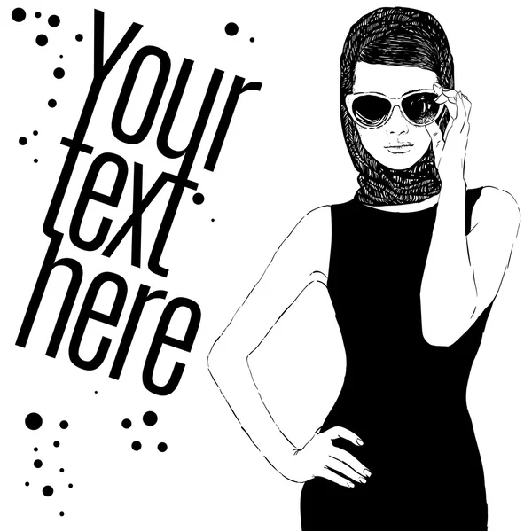 Hermosa mujer retro, vector. Copiar espacio. En vestido negro con gafas de sol . — Vector de stock