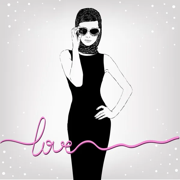 Güzel bir retro kadın, vektör. Uzay kopyalayın. Güneş gözlüklü küçük siyah elbise.