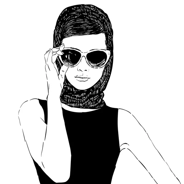 Mulher retrô bonita, vetor. Espaço para cópia. Em pequeno vestido preto com uns óculos de sol . — Vetor de Stock