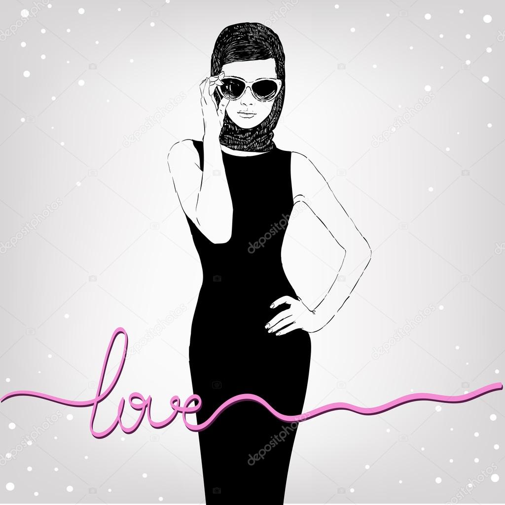 Beautiful retro woman, vector. Copy space. In little black dress with a sun glasses.