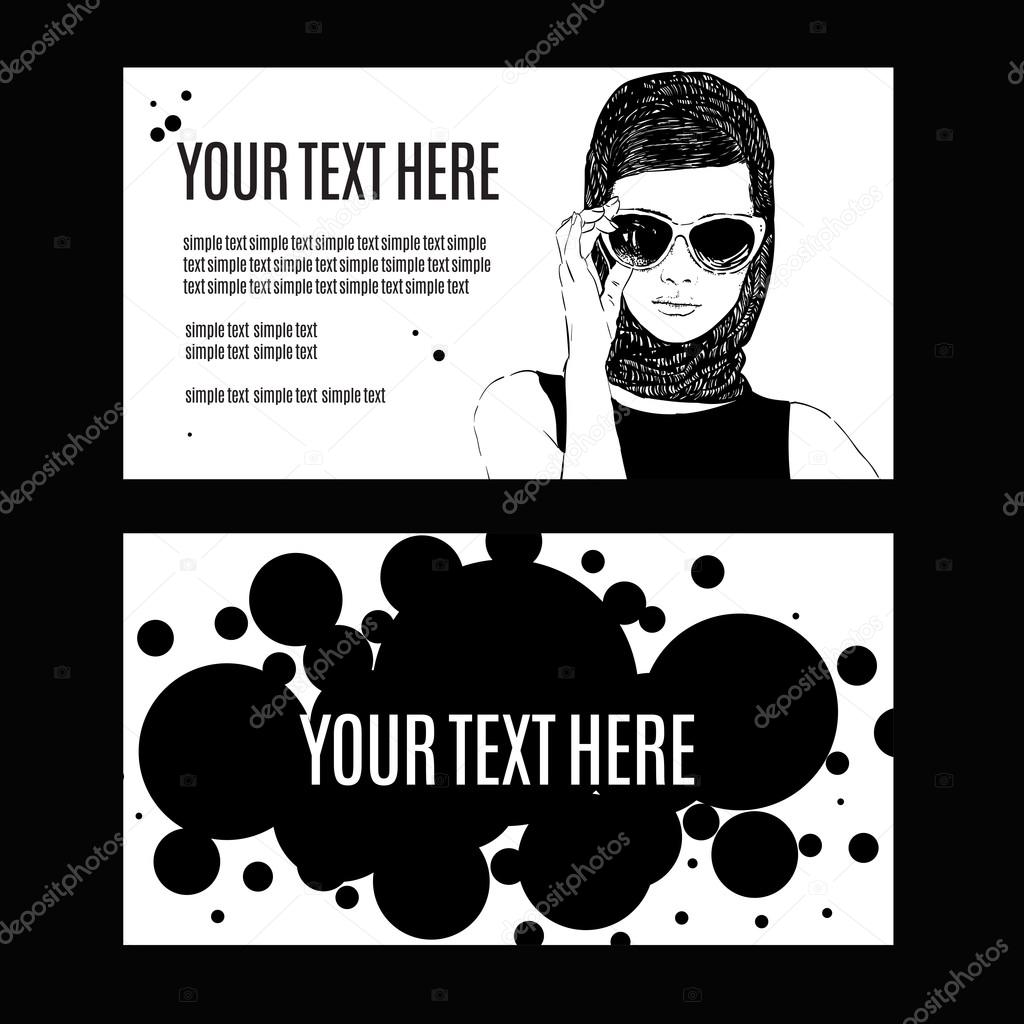 Beautiful retro woman, vector. Copy space. In little black dress with a sun glasses.