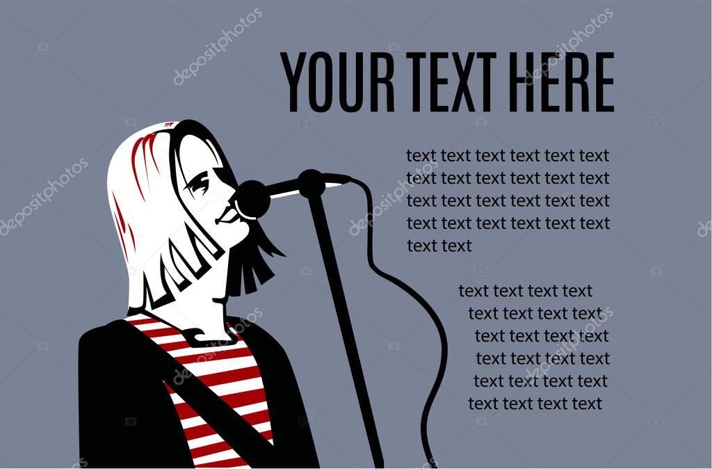 Man with long hair is singing in microphone. Card template.