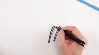 Masa ve sandalye zaman atlamalı beyaz kağıt üzerinde siyah keçeli kalem kullanarak çizim kadın
