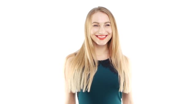 Attractive woman in beautiful dress smiling, dancing, on white, slow motion — Stock Video