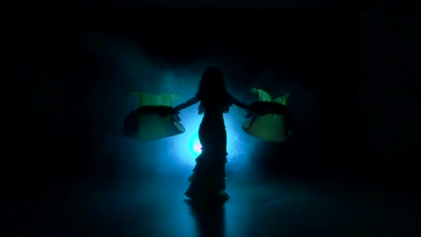 Beautiful exotic belly dancer woman starts dance, uses fans, on black, slow motion, silhouette, smoke — Stock Video