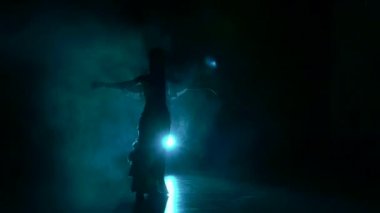 Talanted egzotik dansöz, saçlarını dalga, kalça, siyah, ağır çekim, siluet, duman sallamak