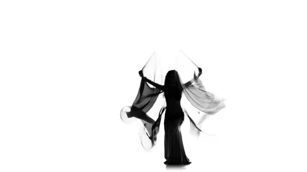 Slim talanted exotic belly dancer girl dance with wings on white, silhouette — Stock Video