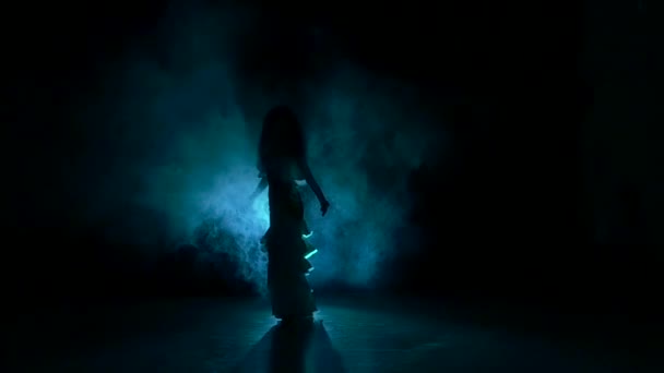 Beautiful exotic belly dancer girl, shaking her hips, on black, slow motion, silhouette, smoke — Stock Video