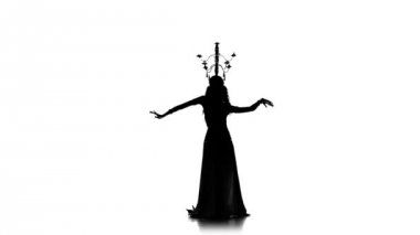 Belly dancer girl with burning candles, head, go on dancing, sihouette, white, slow motion