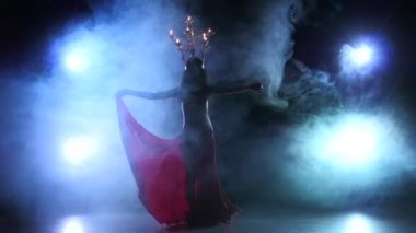 Belly dancer girl continue dancing with candles, head, black, smoke, slow motion, silhouette