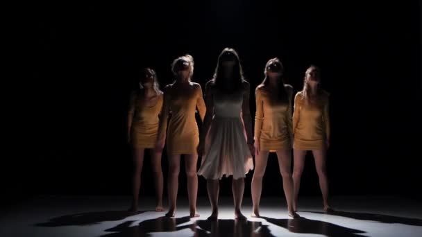 5 人の美しい女の子を開始、黒い影に近代的な現代的なダンスを踊る — ストック動画