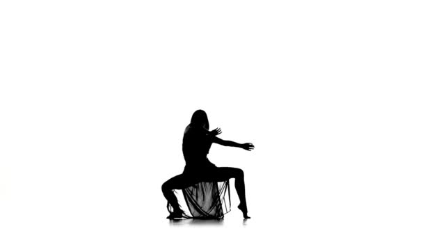 Bella sottile giovane donna danza moderno stile contemporaneo su bianco, silhouette, slow motion — Video Stock