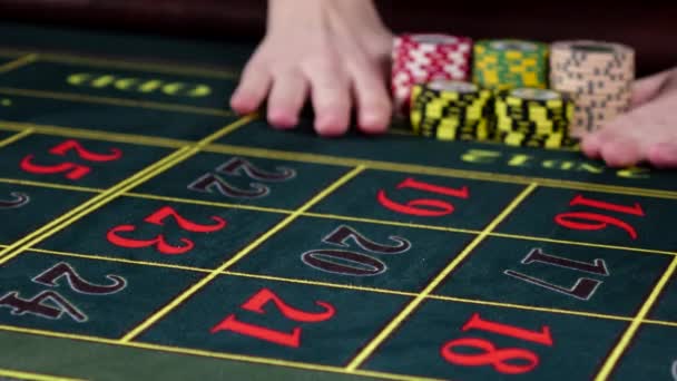 Las manos apuestan fichas en la ruleta snadart y la mesa habitual, negro — Vídeo de stock