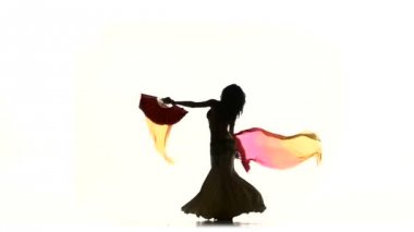 Egzotik dansöz kız uzun hayranları ile dans, girdap, beyaz, siluet, gölge, yavaş hareket