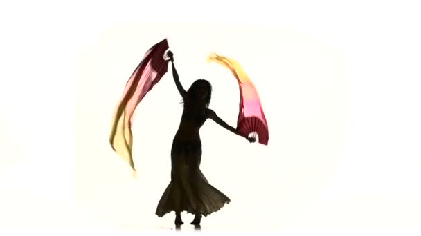 Mujer bailarina del vientre exótica con dos ventiladores largos, en blanco, silueta, sombra, cámara lenta — Vídeo de stock