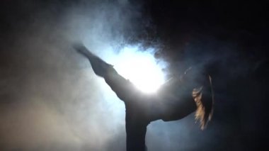 Karate kız tekmeler. Siyah. Siluet. Arka