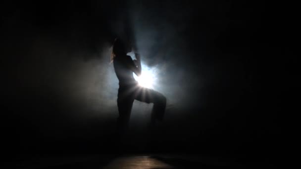 Chica joven practicando artes marciales. Negro. Silueta. Retroiluminación — Vídeo de stock