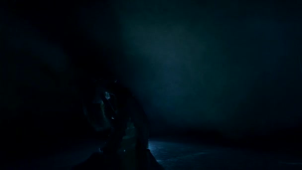 Екзотичні танцівниці живота жінка танцює і співає в темряві, тіні, дим, силует — стокове відео