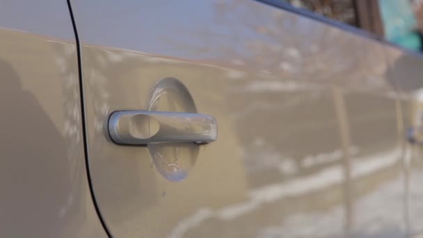 Main fille ouvre les portes arrière voiture et s'assoit dedans — Video