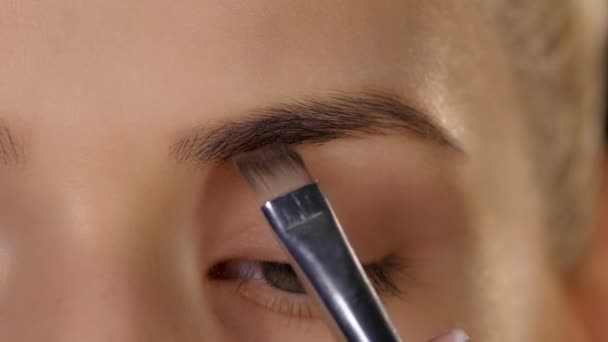 Hermosa mujer dibujar la forma de belleza de las cejas usando cepillo cosmético. Negro. Primer plano. — Vídeo de stock