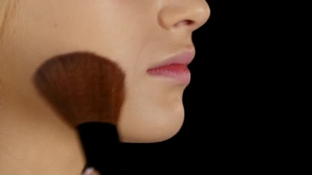 Professionele make-up. Poeder. Professionele make-up artiest. Zwarte. Close-up — Stockvideo