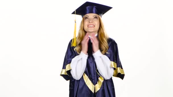 Pleasantly surprised graduate. Surprise. White — Stock Video