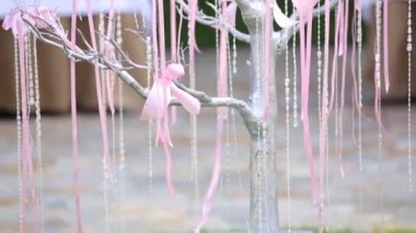 Dekorasyon kurdele ve boncuklar ağaçtan asılı. Yakın çekim