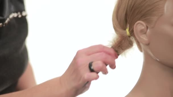 Cabelo loiro bouffant. Corte de cabelo no cabelo loiro longo. Fechar — Vídeo de Stock