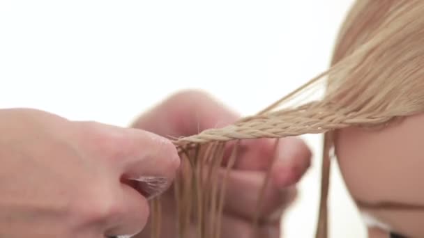 Trenzando el cabello. Trenza en la parte frontal del cabello. Blanco. De cerca. — Vídeo de stock